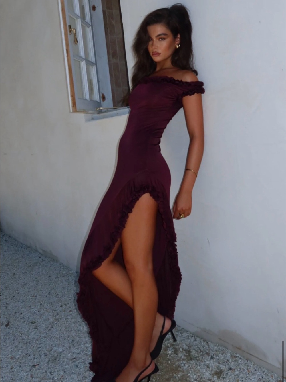 Meshki Plum One-Shoulder Ruffle High-Slit Maxi Dress